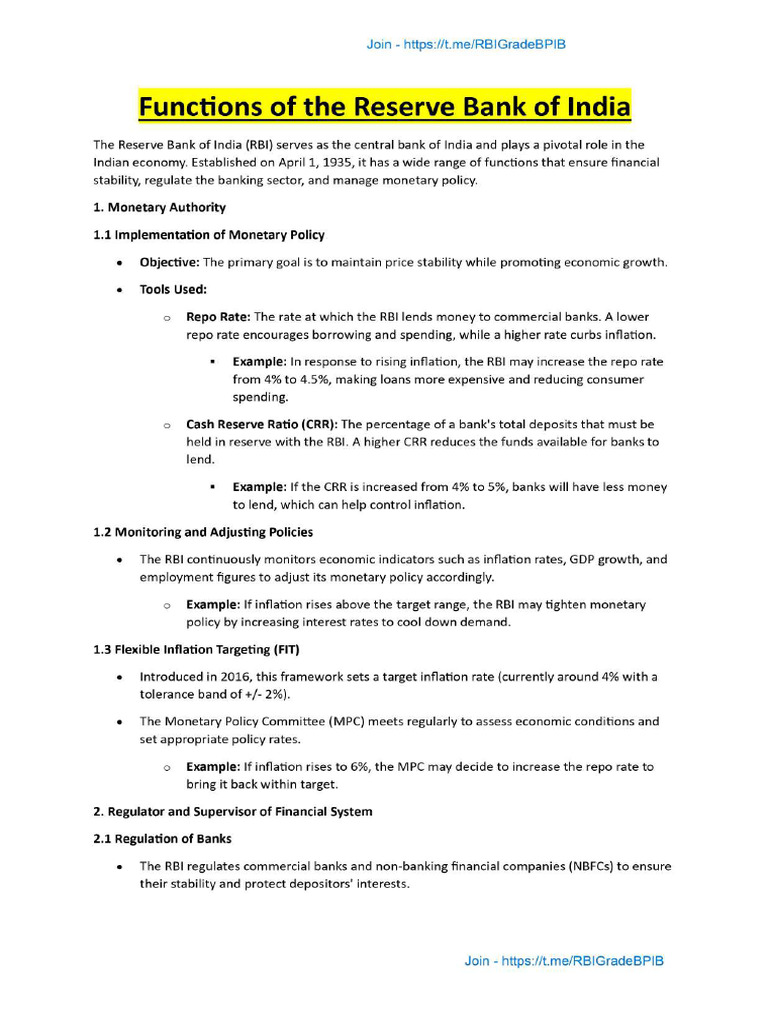 Finance Static Notes Functions of The Reserve Bank of India | PDF