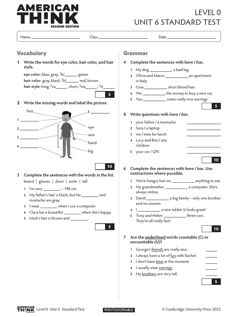 American Think Standart Test Level 0 Unit 6 | PDF