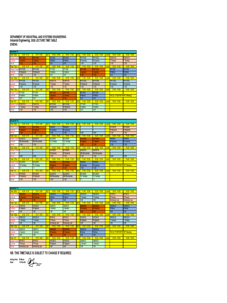 Lecture Time Table For IE - 13feb2026 - Semester1 - D3IENG | PDF