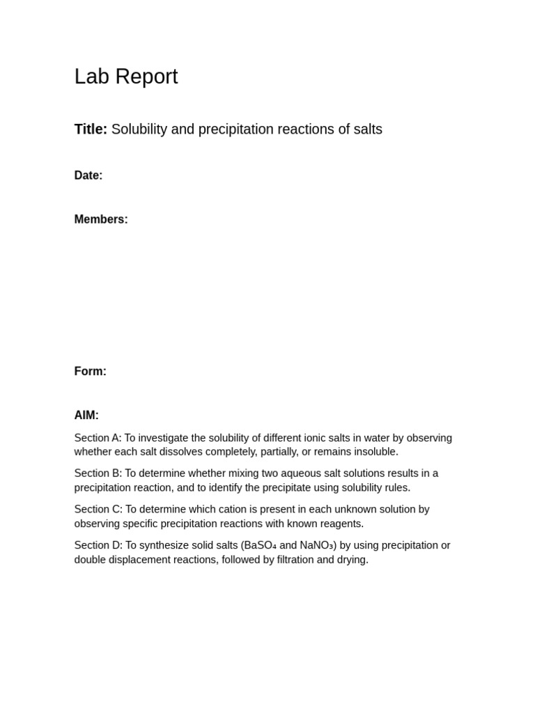 Lab Report (Solubility and Precipitation Reactions of Salts) | PDF ...