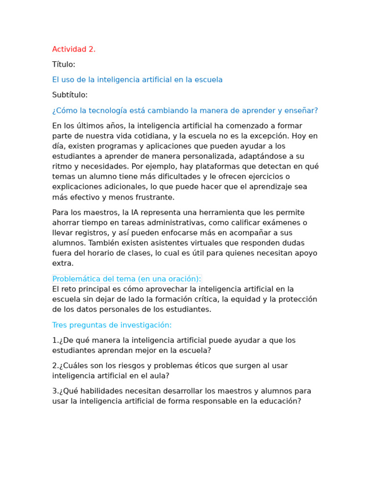 El Uso de La Inteligencia Artificial en La Escuela: Actividad 2 | PDF