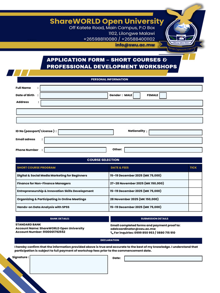 ShareWORLD Short Course Application Form 2025 | PDF