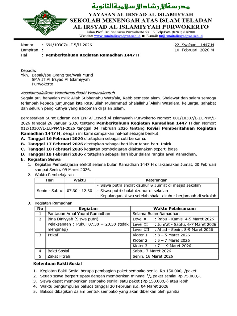 694 - Pemberitahuan - Kegiatan Ramadan - 1447-2026 | PDF