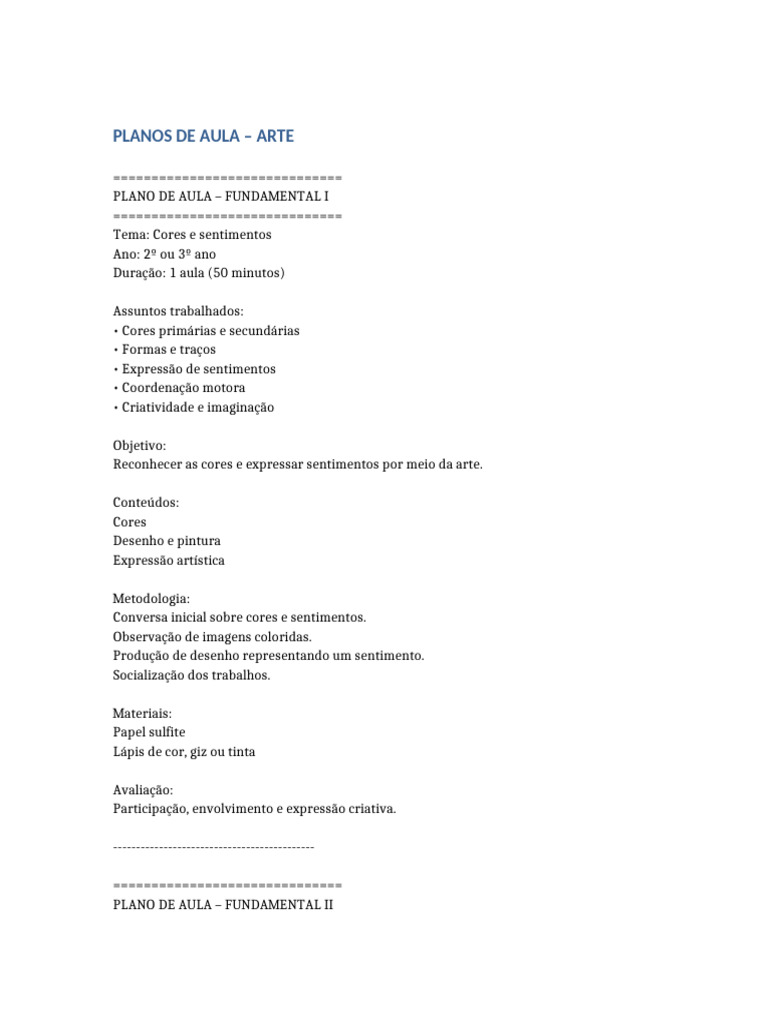 Planos de Aula Arte Com Assuntos | PDF