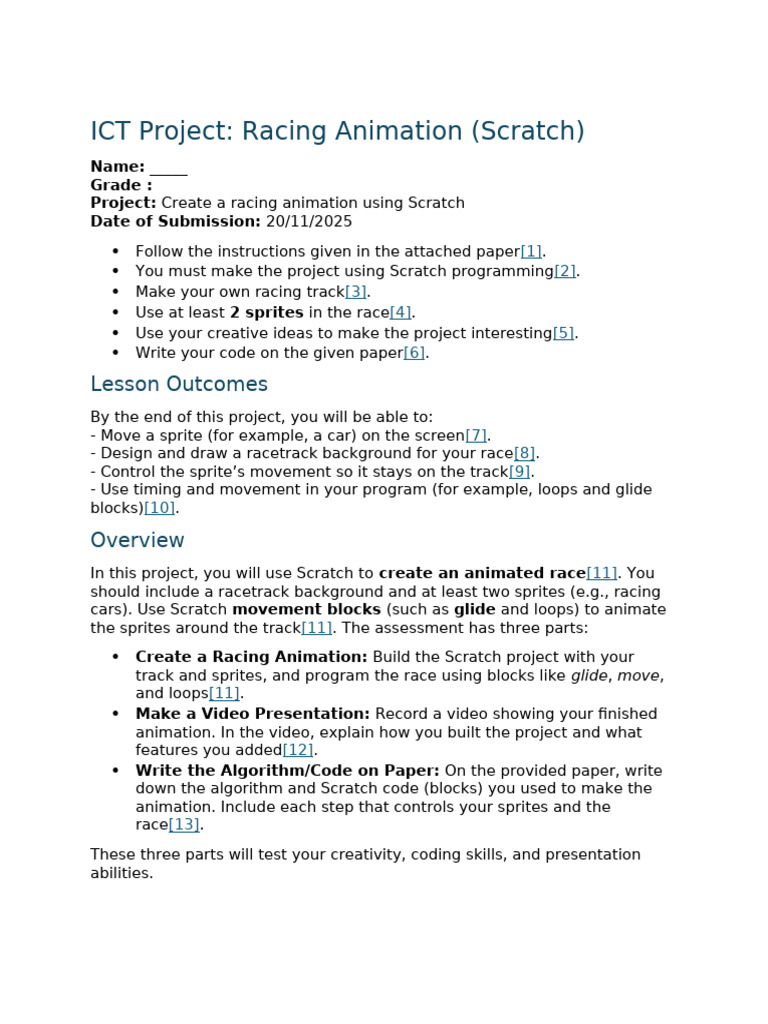 Grade 4 ICT Project - Racing Animation (Scratch) | PDF | Scratch ...