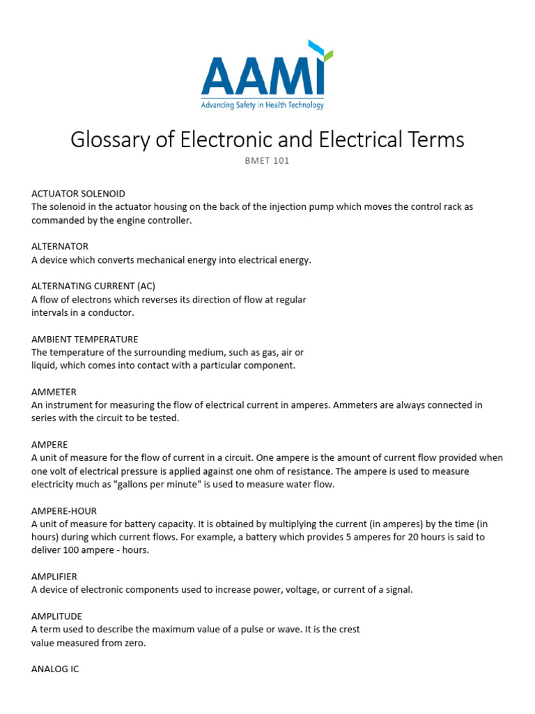 Electronic Terms Glossary | PDF | Electric Current | Voltage
