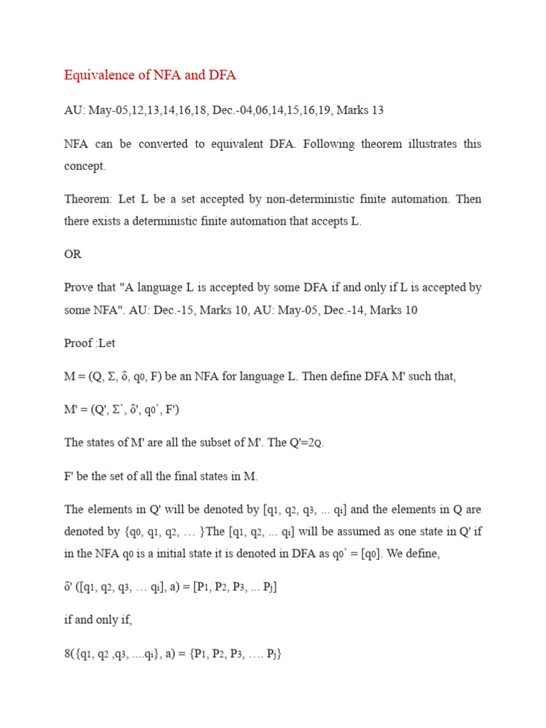 Equivalence of NFA and DFA | PDF | Mathematical Logic | Mathematics