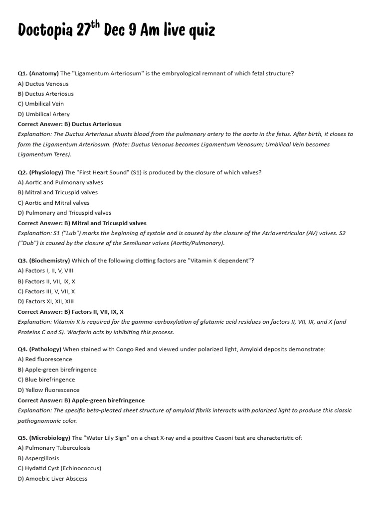 Doctopia 27th Dec 9 Am Live Quiz | PDF | Heart Valve | Aorta