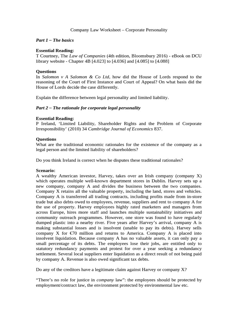 Worksheet - Legal Personality | PDF | Corporate Law | Limited Liability