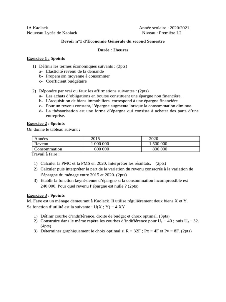 Devoir 1l2 2e Semestre | PDF