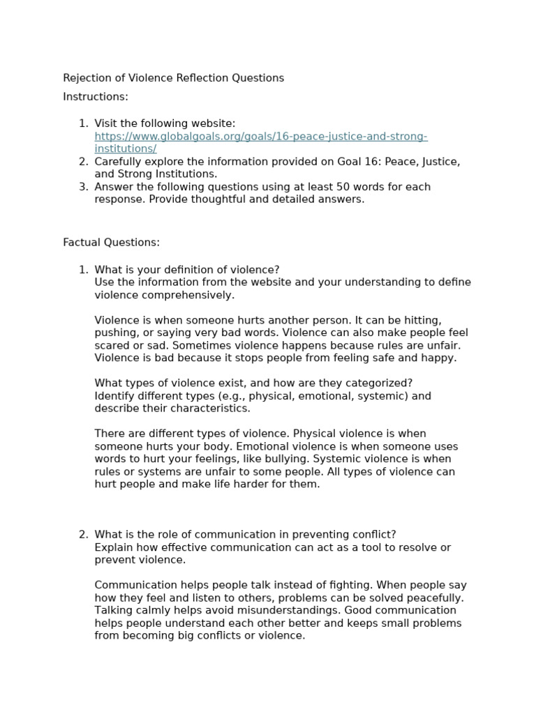 Rejection of Violence Reflection Questions 7th Grade | PDF ...