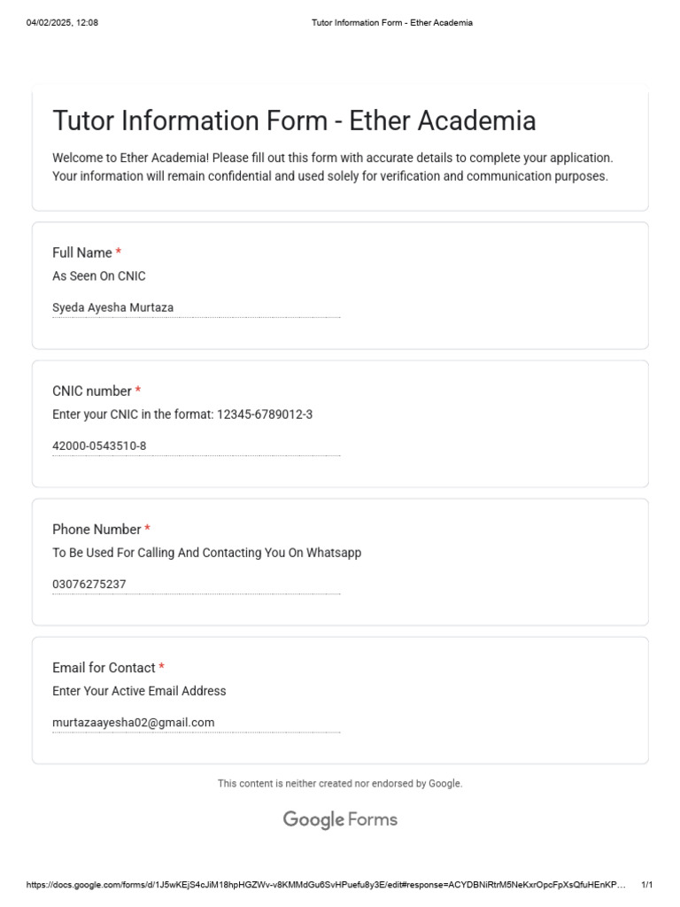 Ayesha Murtaza - Tutor Information Form - Ether Academia | PDF