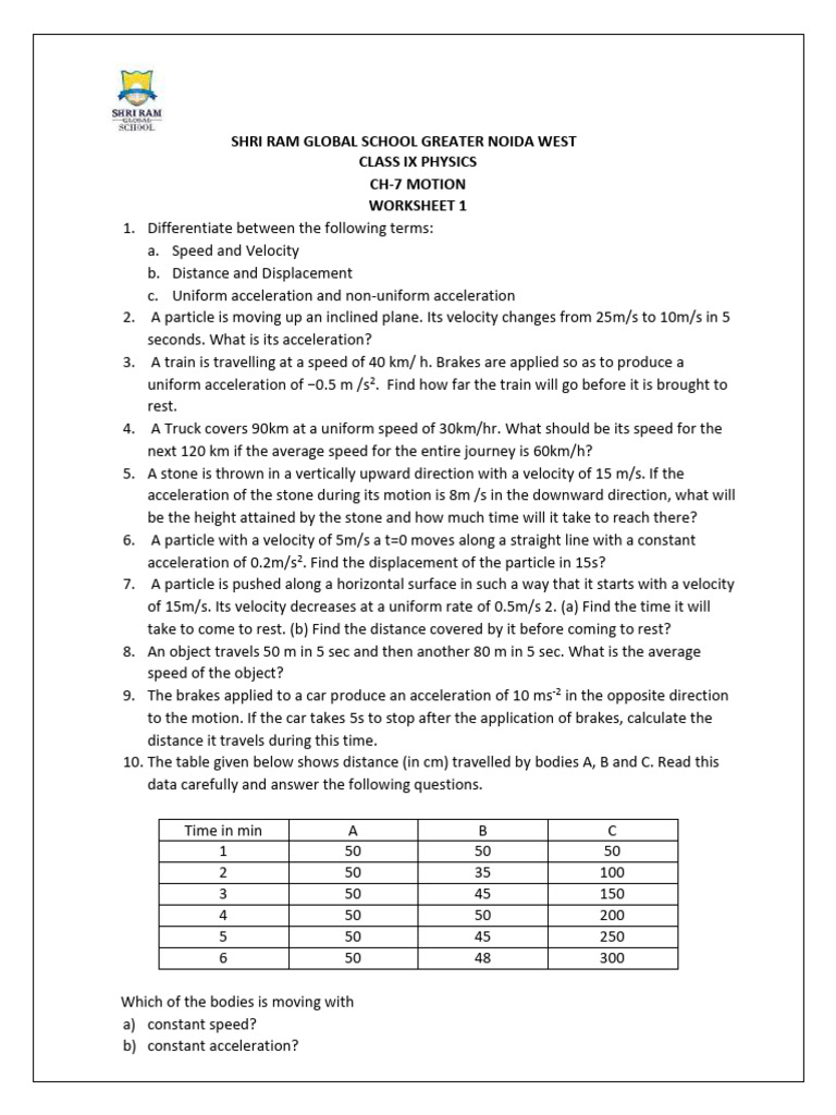 Ix CH 7 Motion Worksheet 1 | PDF | Acceleration | Velocity