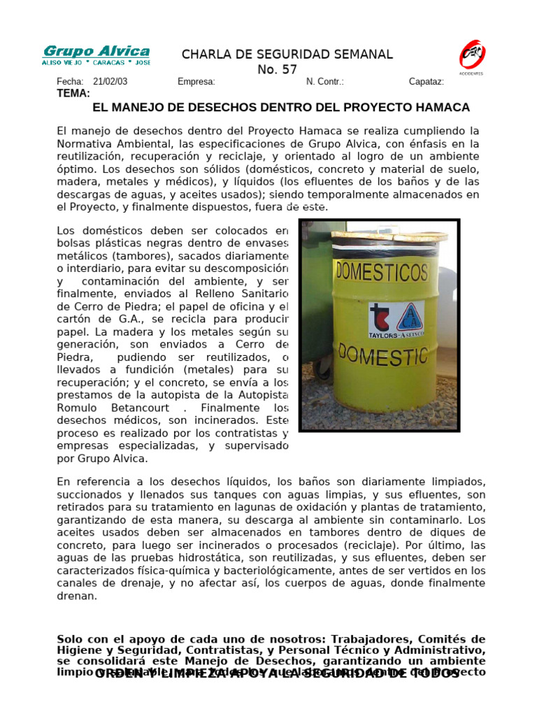 Charla de Seguridad N# 0057 El Manejo de Desechos Dentro Del | PDF ...