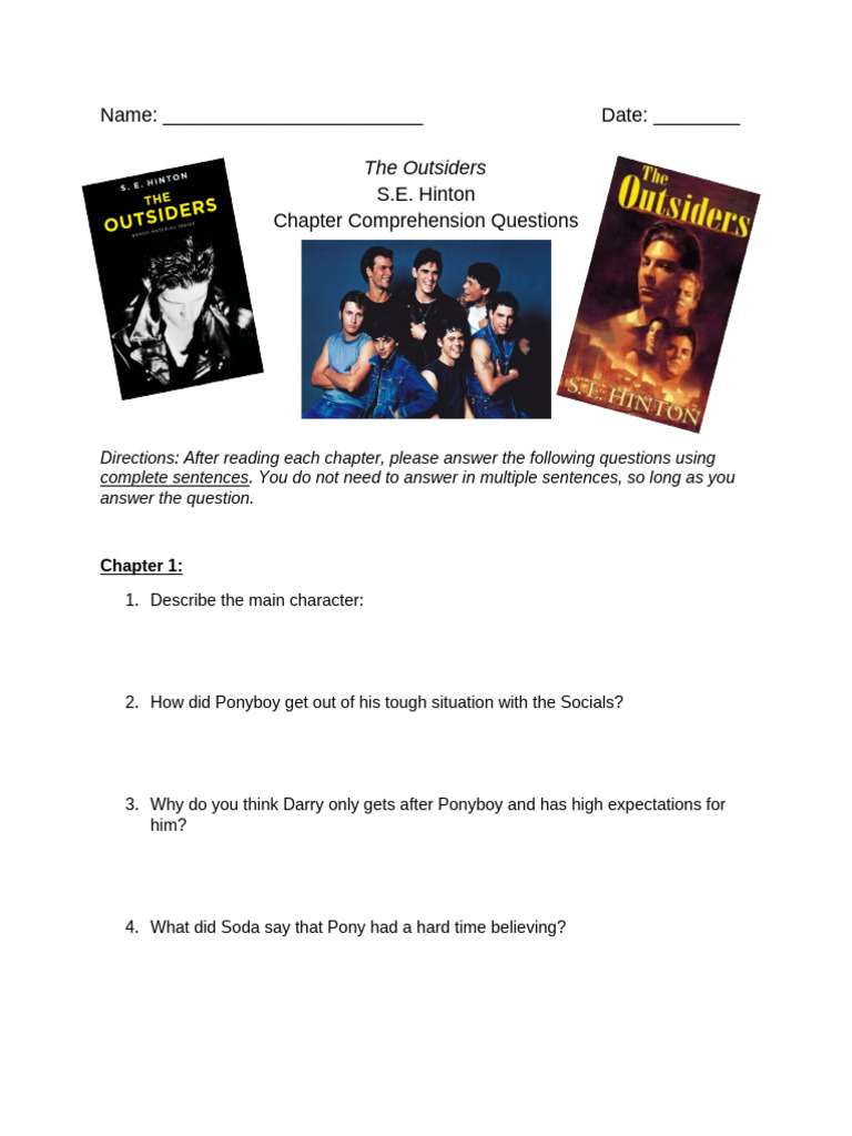 Outsiders' Chapter Comprehension Questions | PDF