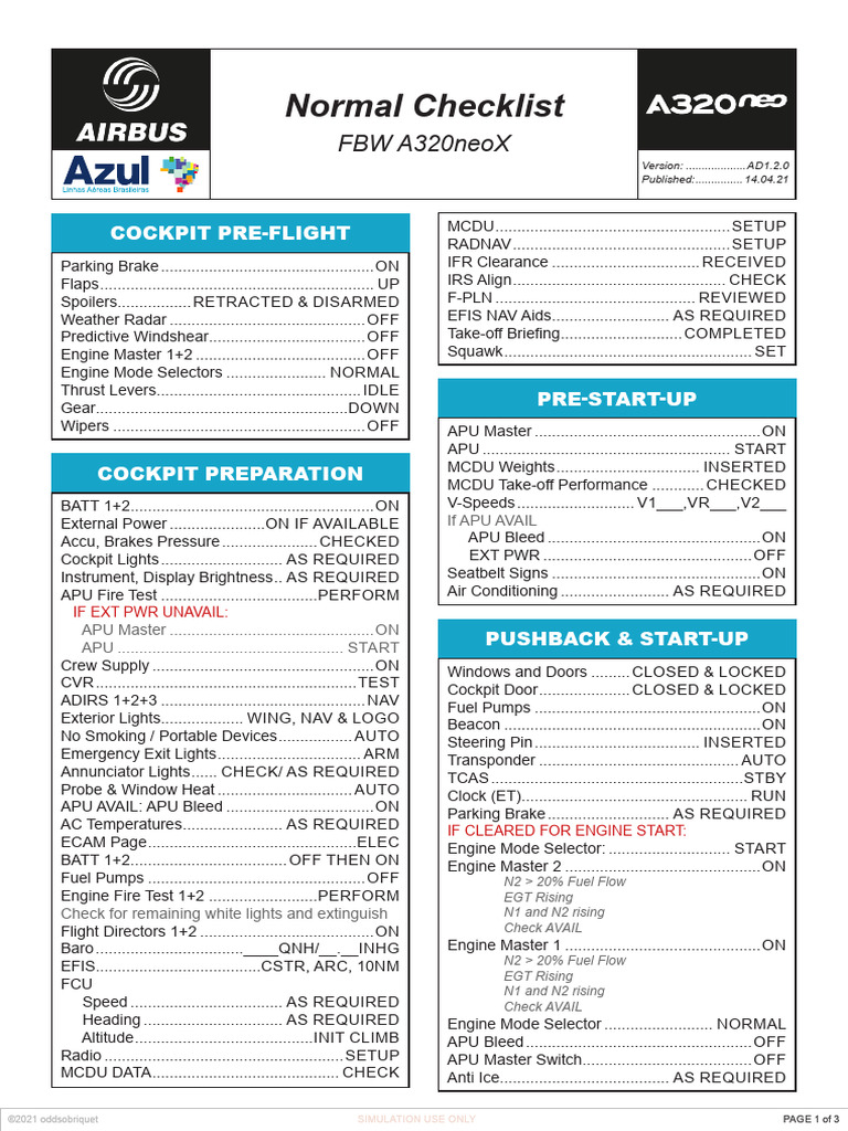 A20NX Checklist Azul | PDF | Landing Gear | Transponder (Aeronautics)