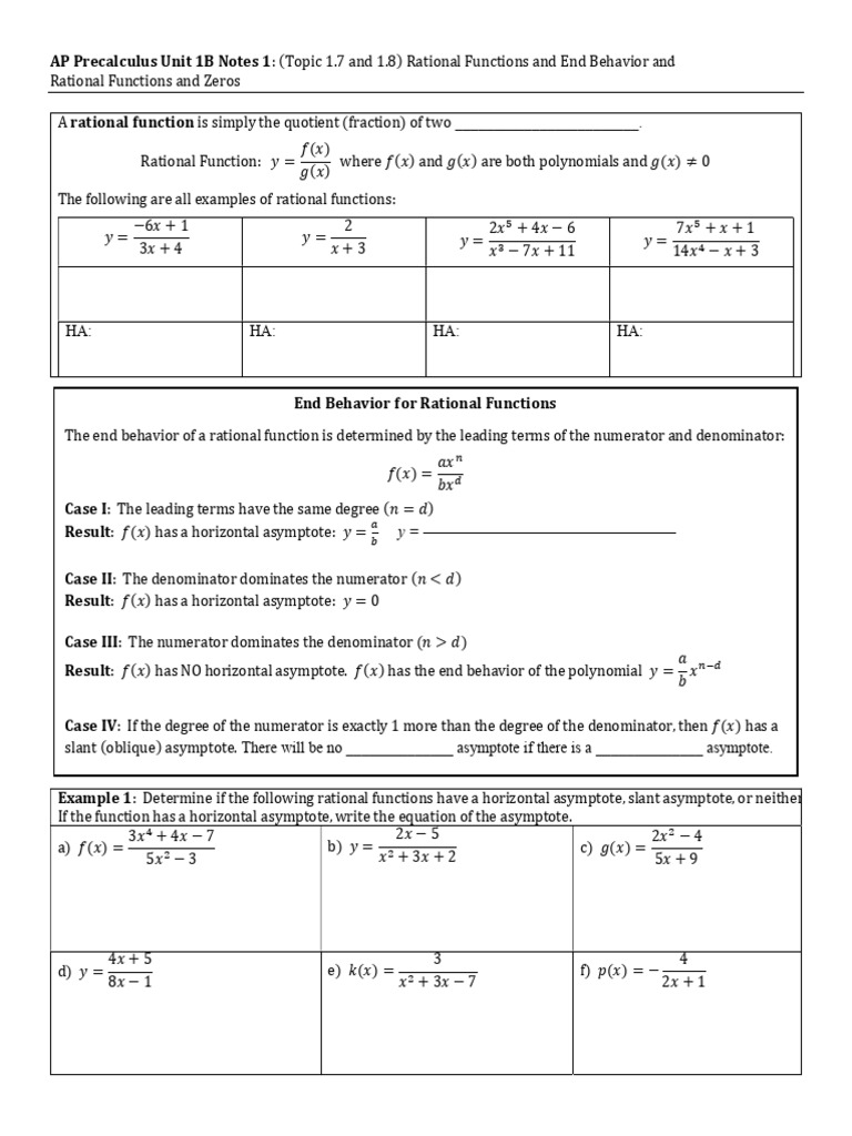 Unit 1B-Notes 1-Topic 1.7 and 1.8-Rational Functions and End Behavior ...