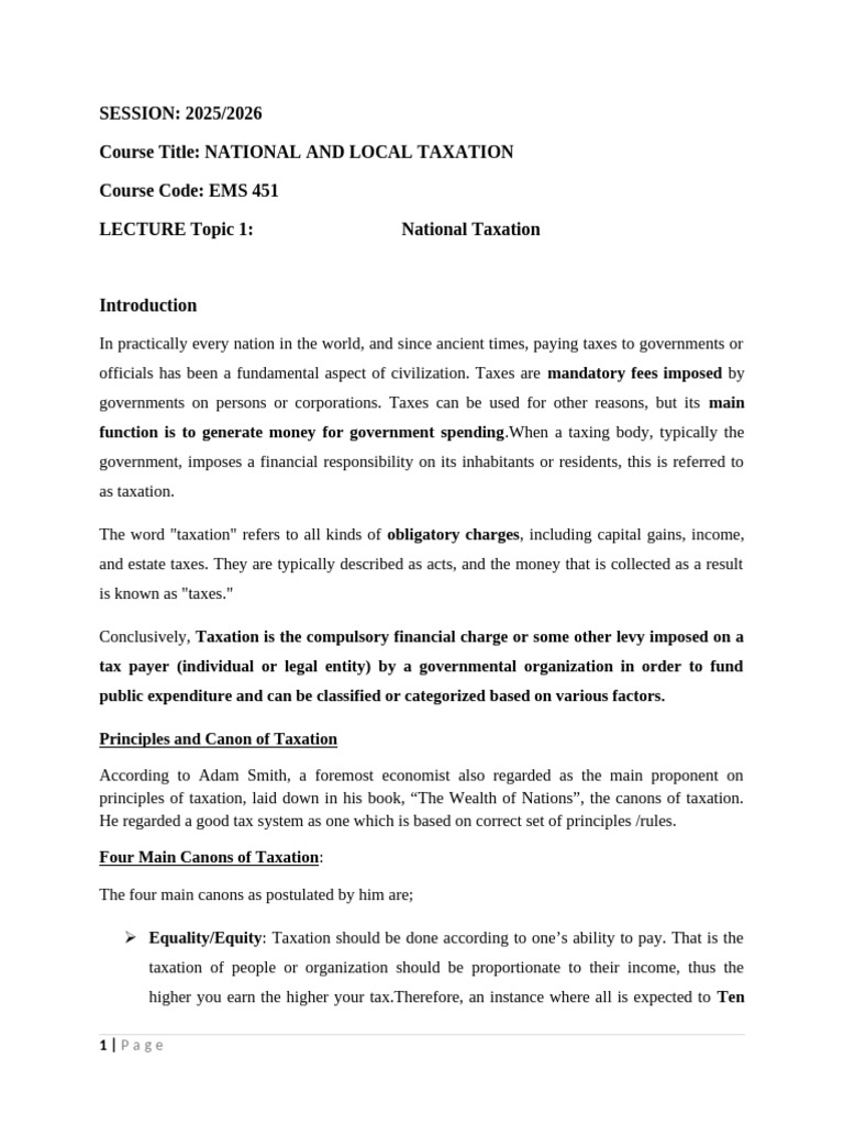 Updated Lecture Note 1 National Taxation | PDF | Taxes | Excise