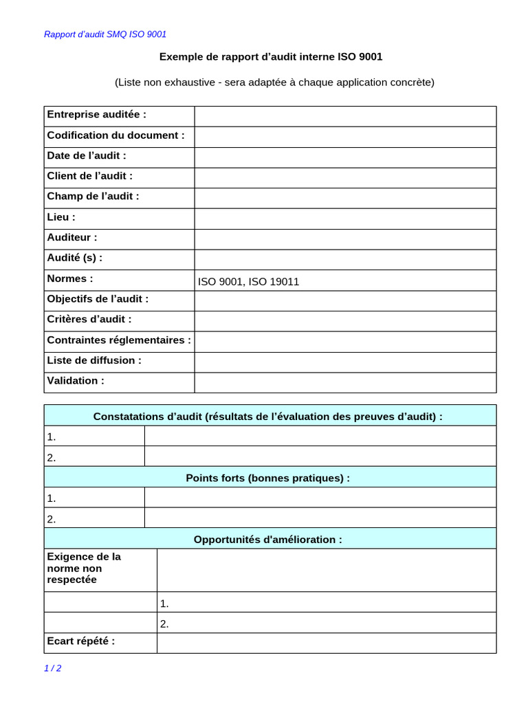 Rapport D'audit Interne ISO 9001 (Modèle) | PDF