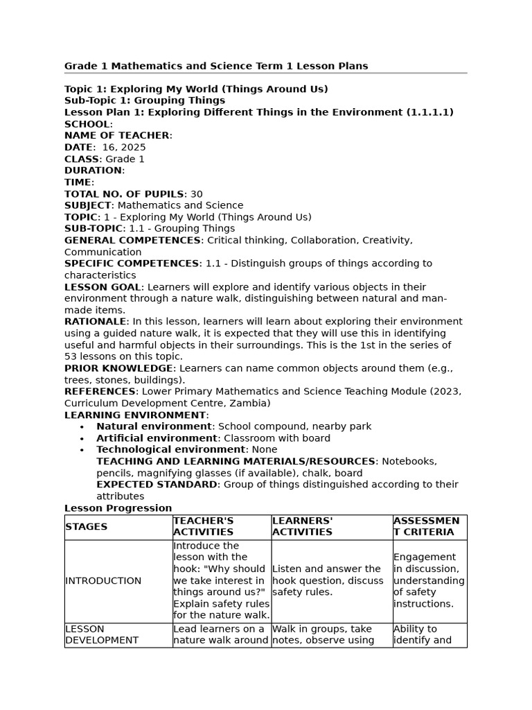 Grade 1 Mathematics and Science Term 1 Lesson Plans | PDF | Educational ...