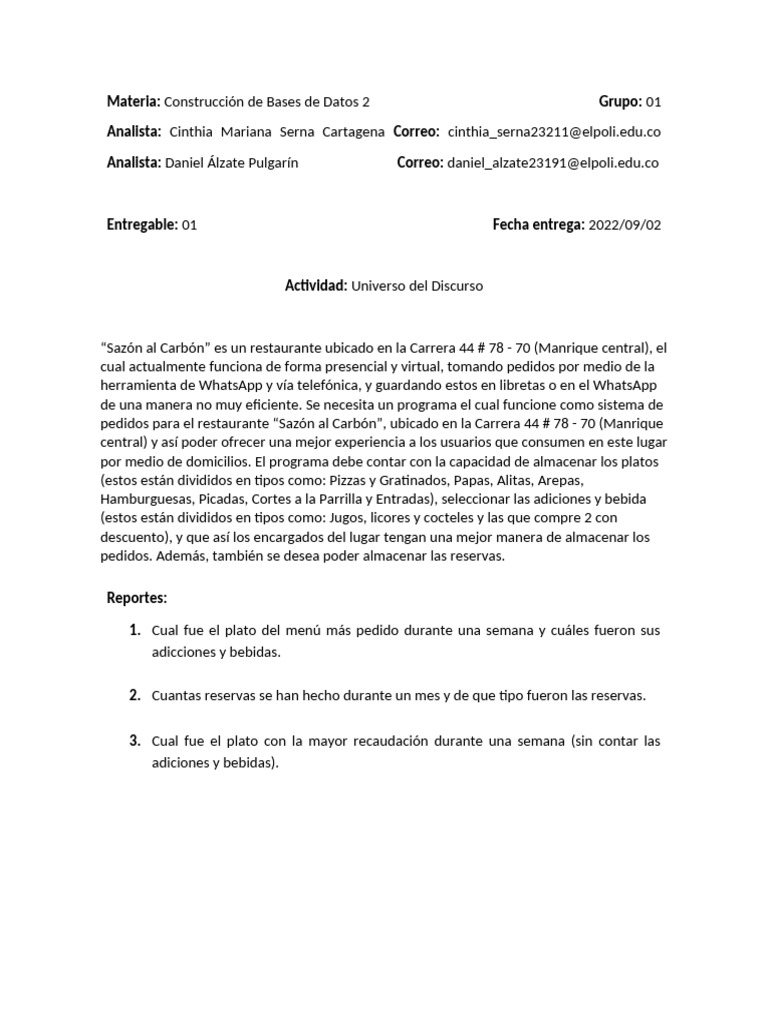 Universo Del Discurso Entregable1 BD2 | PDF