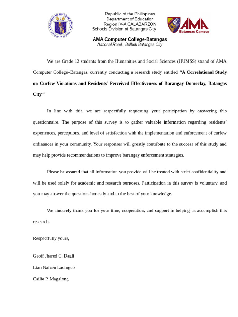 RESEARCH-TEMPLATE-LETTER With Questionnaire | PDF | Psychology | Social ...