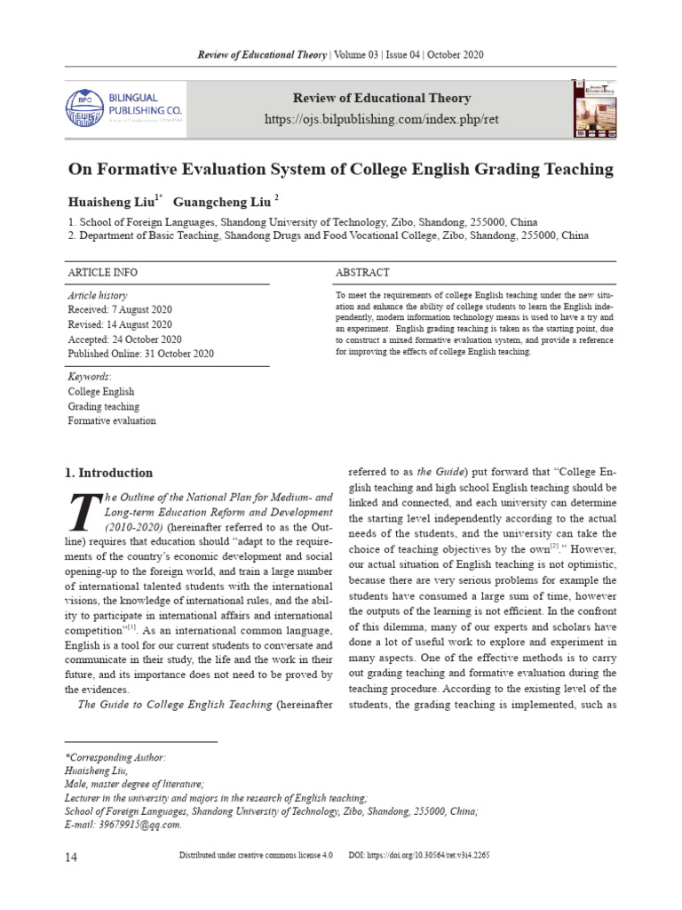 On Formative Evaluation System of College English Grading Teaching ...