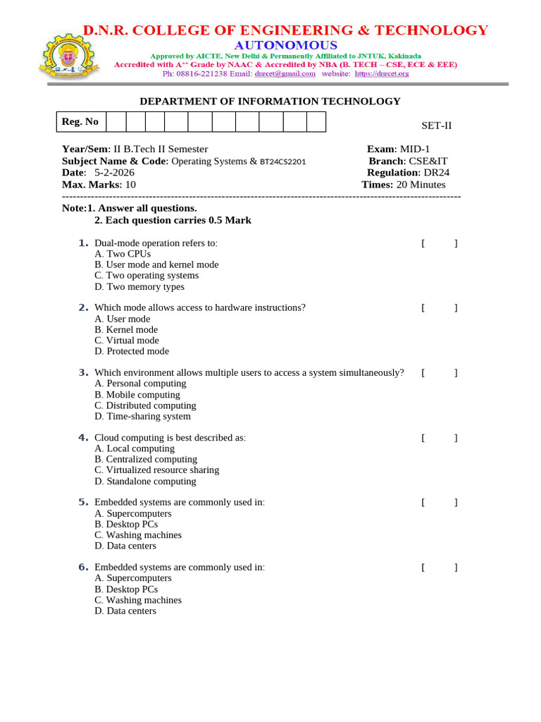 OS - MID-I Objective Bits - SET-2 | PDF | Thread (Computing) | Process ...