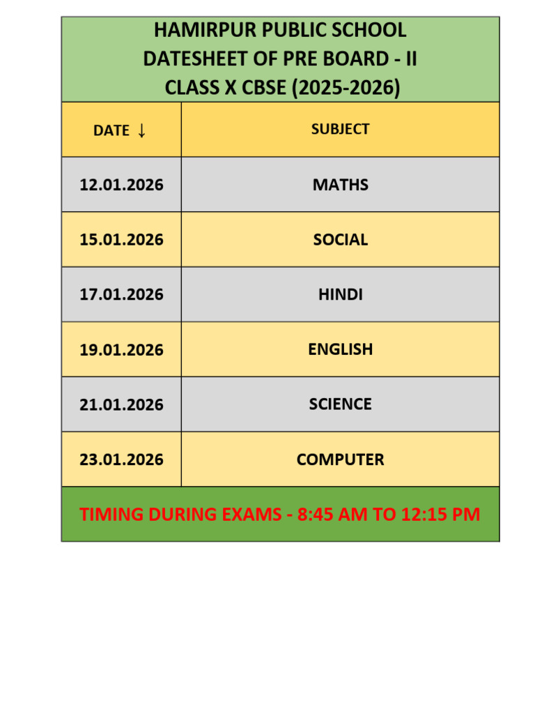 Pre - Board - Class 10th II Datesheet | PDF