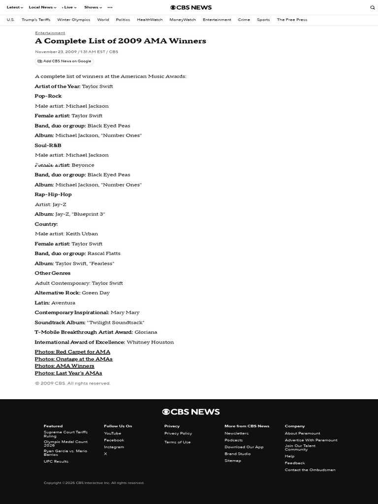 A Complete List of 2009 AMA Winners - CBS News | PDF