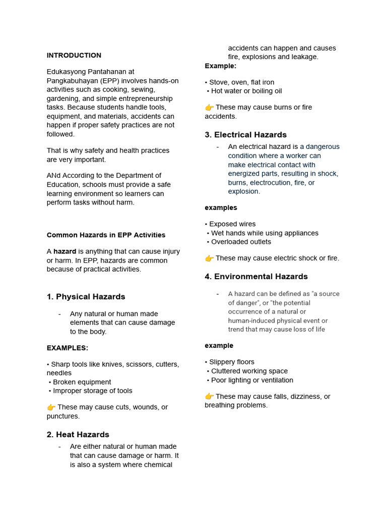 EPP Handout - SAfety and Health Practices | PDF | Hazards | Working ...
