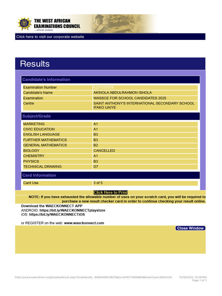 Waecdirect Online - Results | PDF