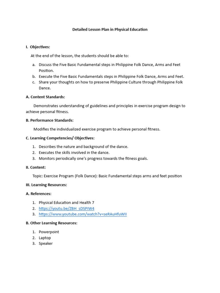 Detailed Lesson Plan in Physical Education | PDF | Foot | Physical ...
