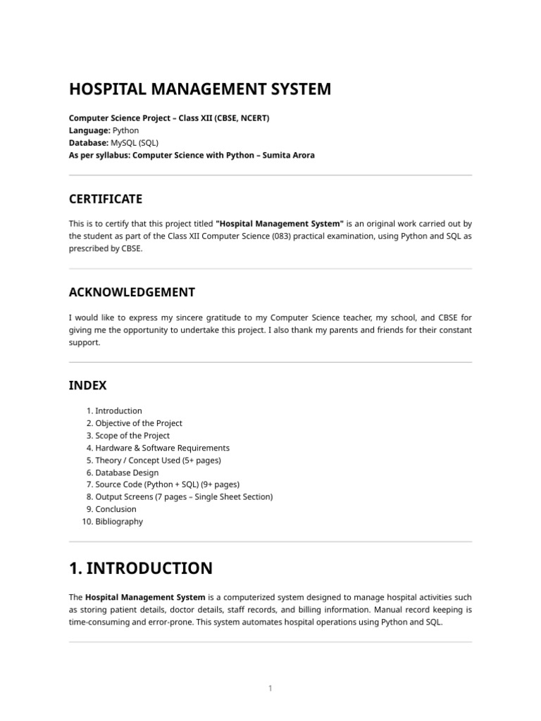 Hospital Management System - Class Xii Cbse (Python + SQL) | PDF ...