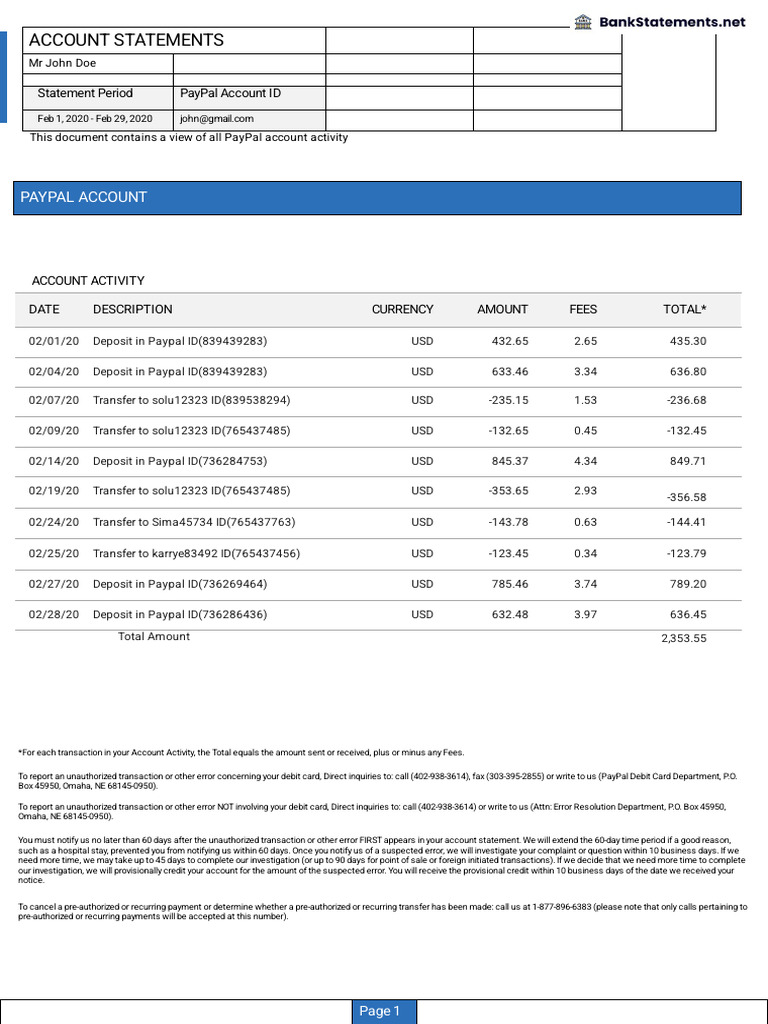 PayPal Bank Statement BankStatements Net | PDF | Pay Pal | Debit Card