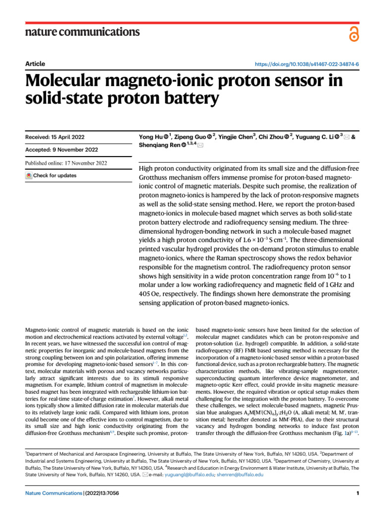 Molecular Magneto-Ionic Proton Sensor in Solid-State Proton Battery ...