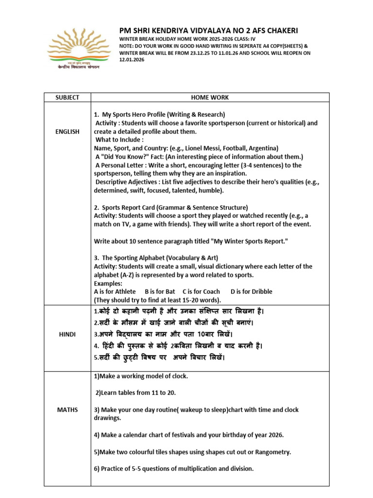 Class 4 Winter Break Holiday Homework 2025-26-1 | PDF | Linguistics