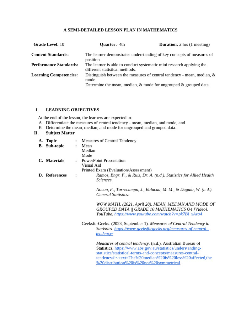 Measures of Central Tendency Semi Detailed Lesson Plan | PDF | Mean ...