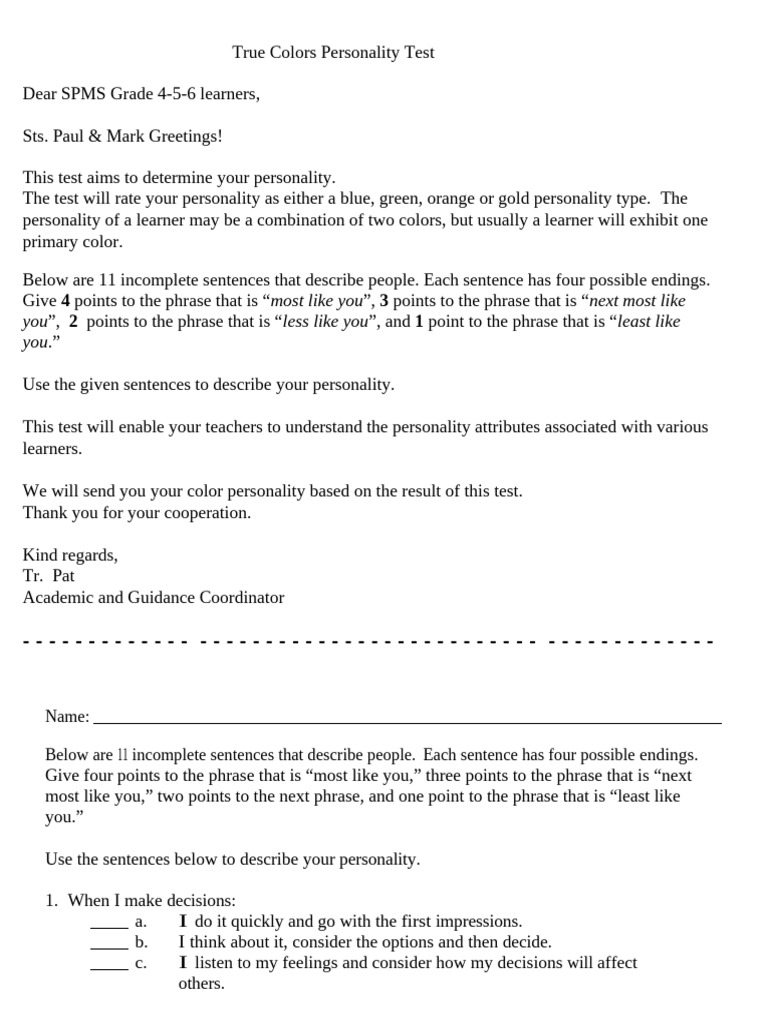 True Colors Personality Test | PDF | Psychology | Cognition