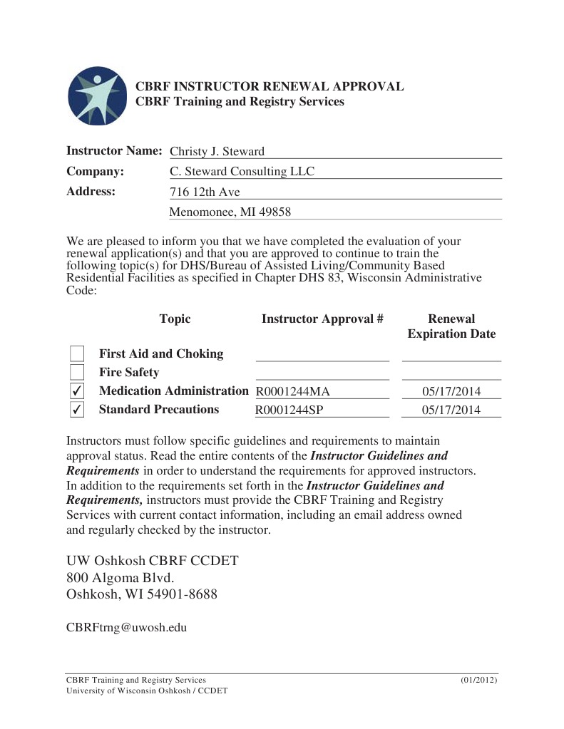 CBRF Instructor Renewal Approval Notice | PDF