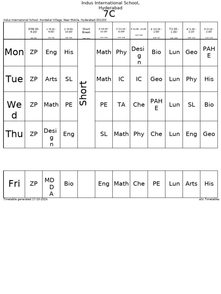 Grade 7C - Updated Timetable - 20th Oct 2024 | PDF