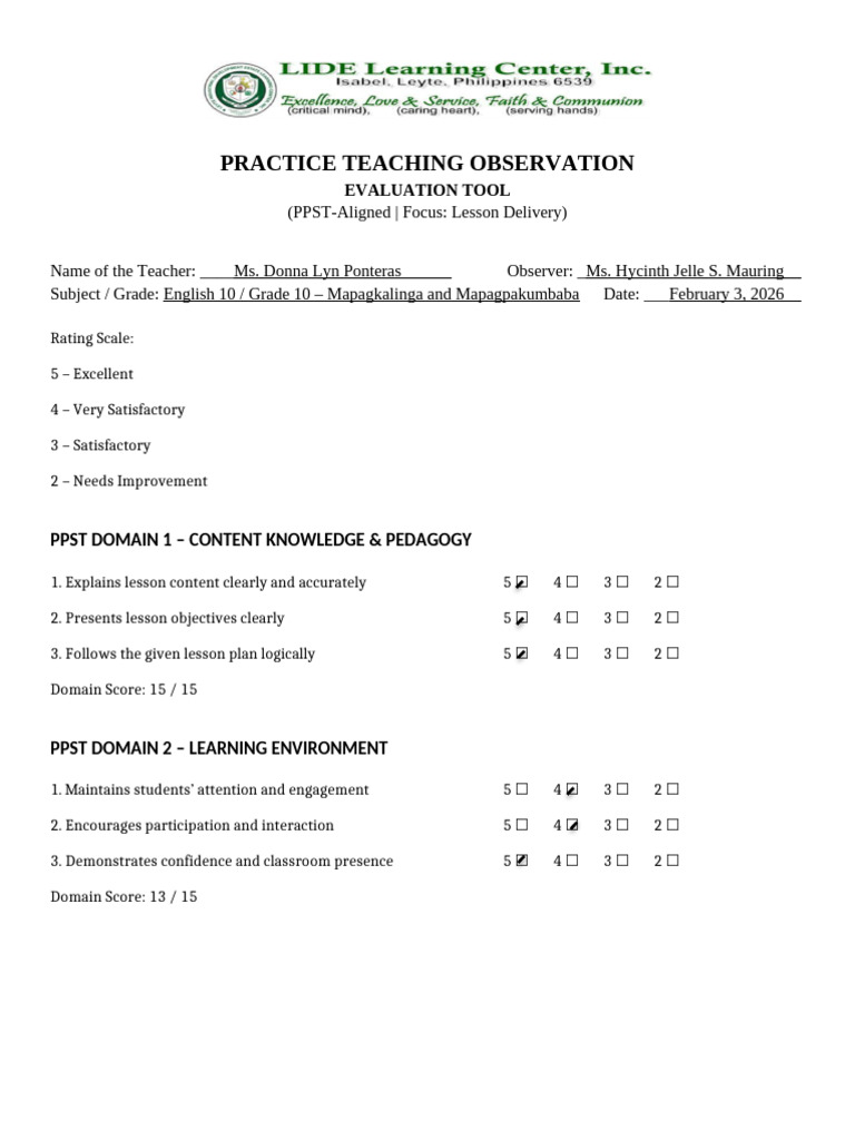 Practice - Teaching - Observation - PPST - EVALUATION TOOL | PDF ...
