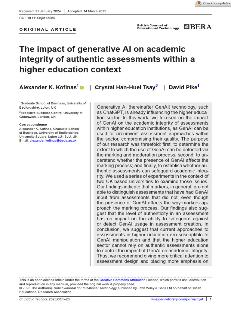 The Impact of Generative AI On Academic Integrity of Authentic ...