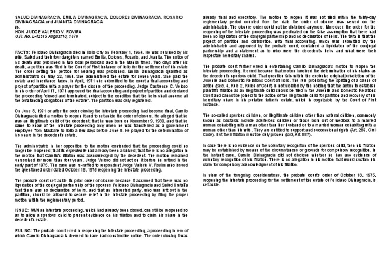 Divinagracia Vs Rovira | PDF | Intestacy | Legitimacy (Family Law)
