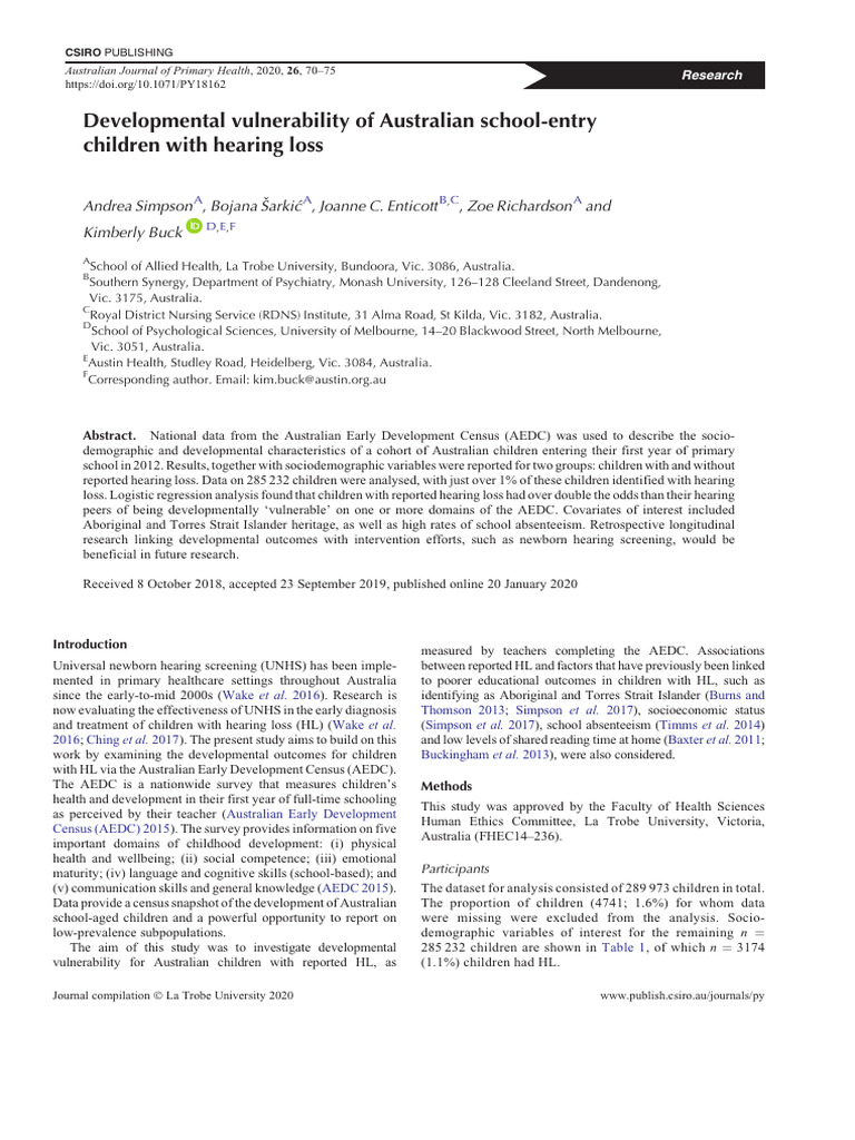 Developmental Vulnerability of Australian School-Entry Children With ...