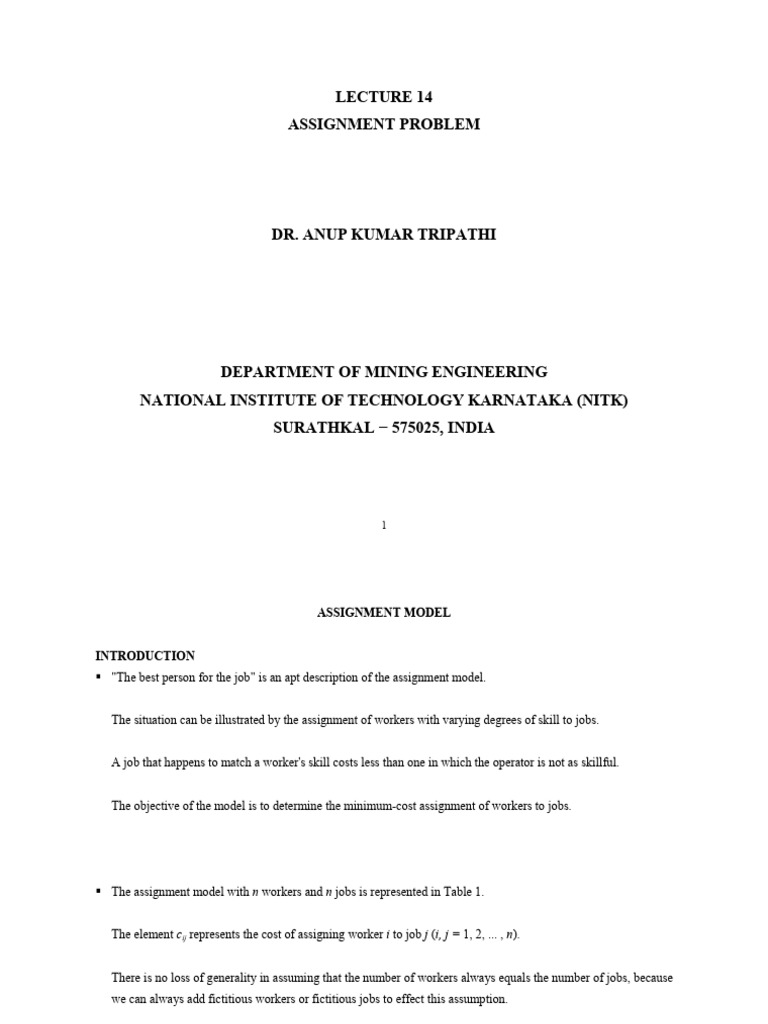 Lecture 14 - Assignment Problem | PDF | Mathematical Optimization ...