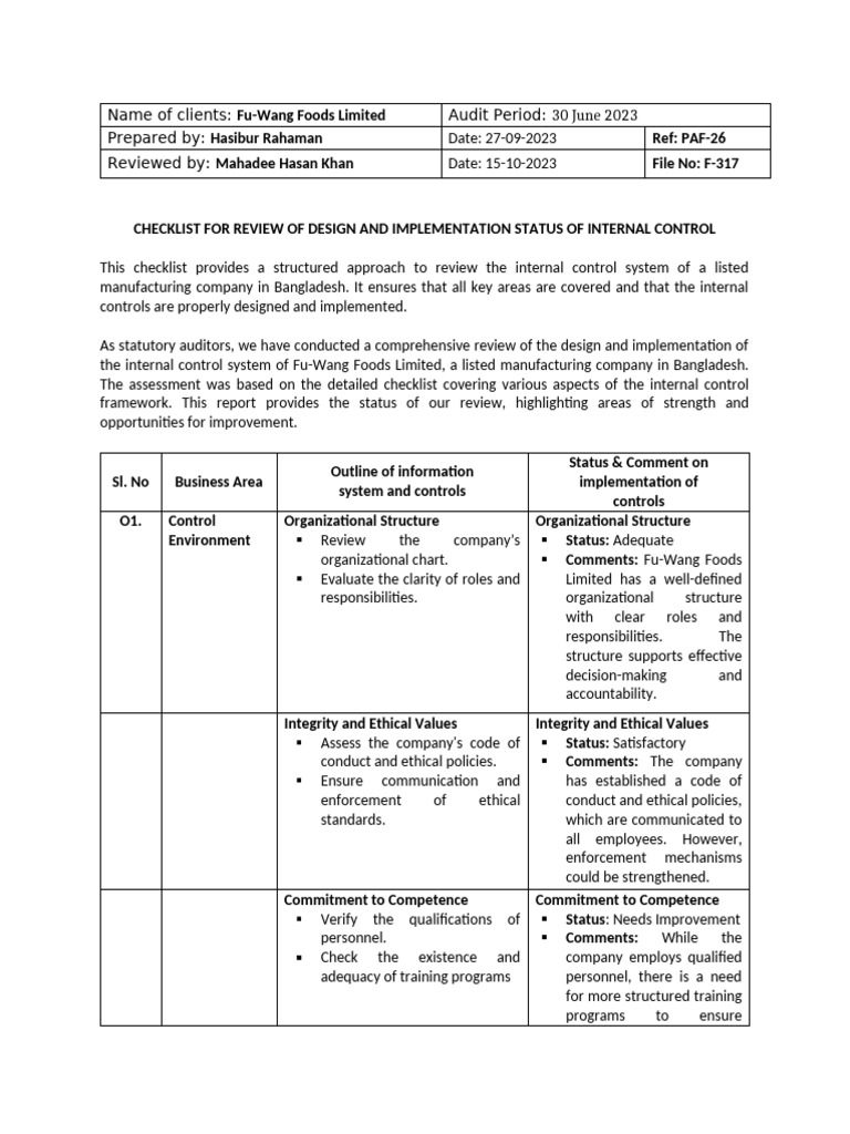Checklist - Review of Design and Implementation of Internal Control ...
