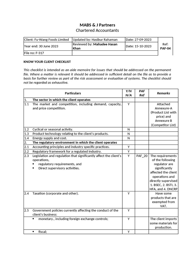 Know Your Client Checklist - Blank | PDF