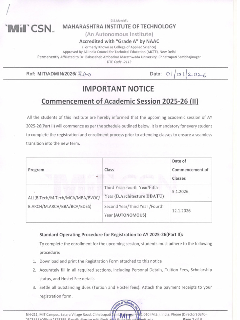 Imp Notice - Commencement of ACAD Session 2025-26 (II) - Jan 2026 | PDF