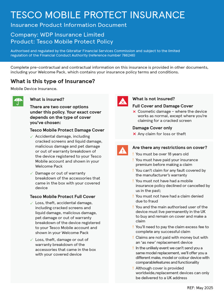 Tesco Mobile Protect IPID | PDF | Insurance | Payments